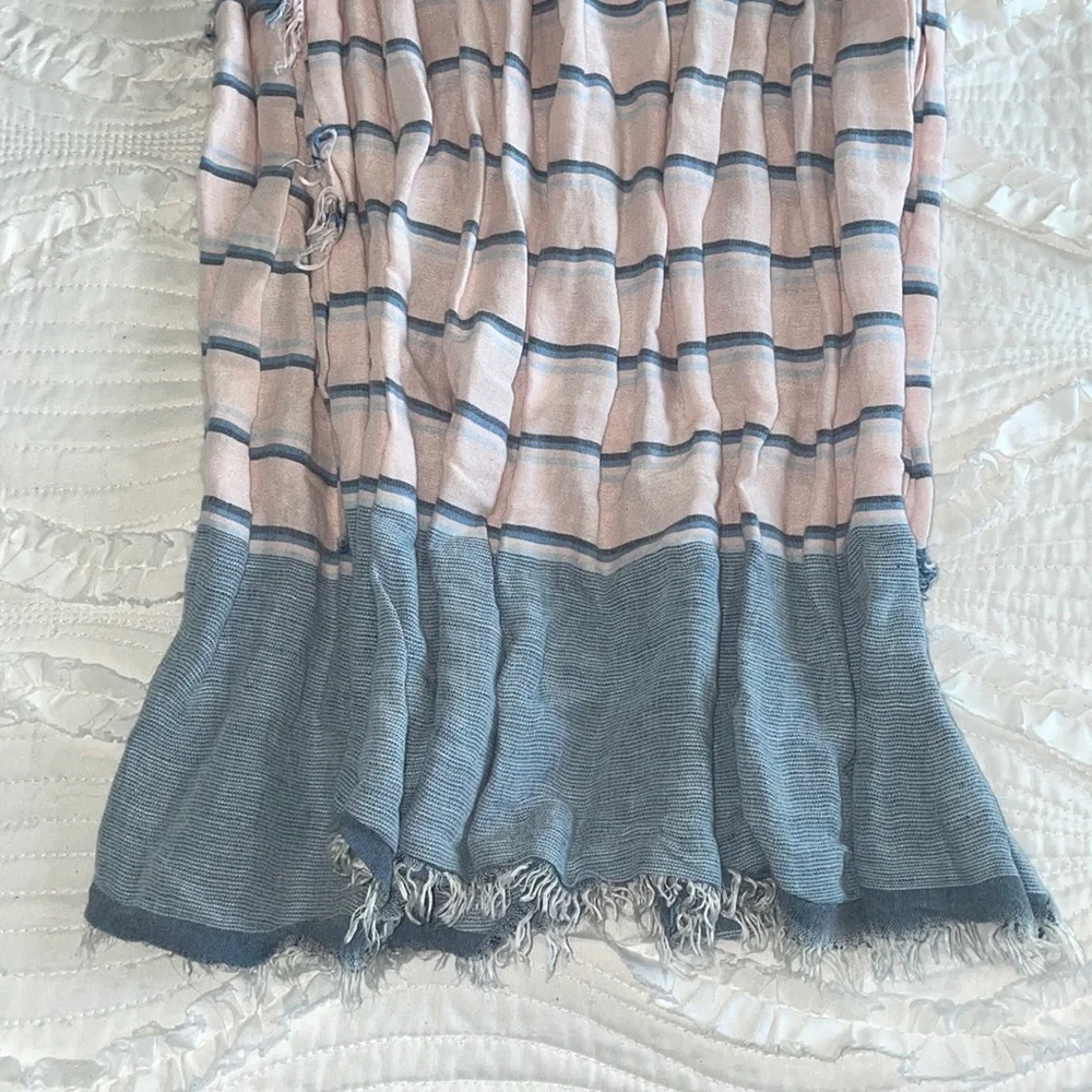 Light Pink & Blue Striped Fringe Scarf